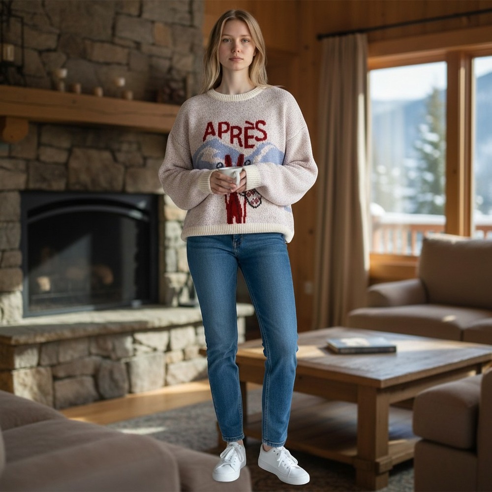 A New Day Sweater Women XL Ivory Apres Ski lodge graphic Knit Pullover Crewneck